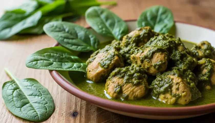 Palak chicken i en grön, krämig sås, med färska spenatblad vid sidan om.