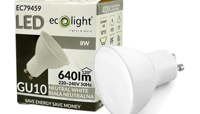 Biała żarówka LED GU10 8W 640lm, 4000K Neutral White. Alternatywa dla tradycyjnych rodzajów żarówek halogenowych, energooszczędna.