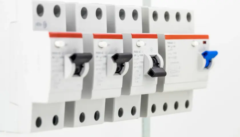 Szukasz informacji, jaki bezpiecznik do 5kW? Na zdjęciu widać rzędy wyłączników nadprądowych, które chronią instalację elektryczną.