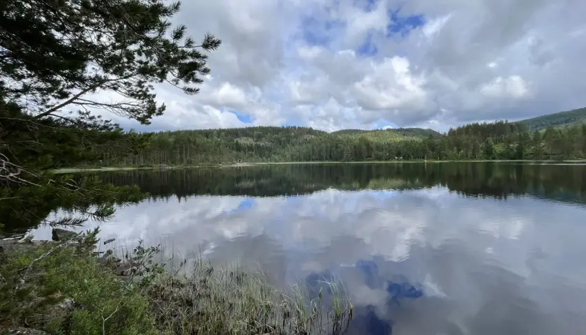Spegelblank sjö med moln som reflekteras. Perfekt för en paus under cykelturen på cykelleder Sverige.