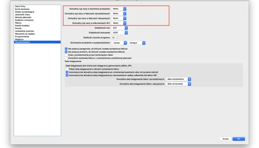 Ustawienia programu: domyślny typ ceny to netto. Określa, czy ceny są brutto czy netto.