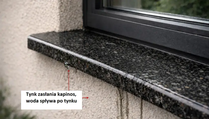 Zacieki na elewacji pod parapetem, woda spływa po tynku.