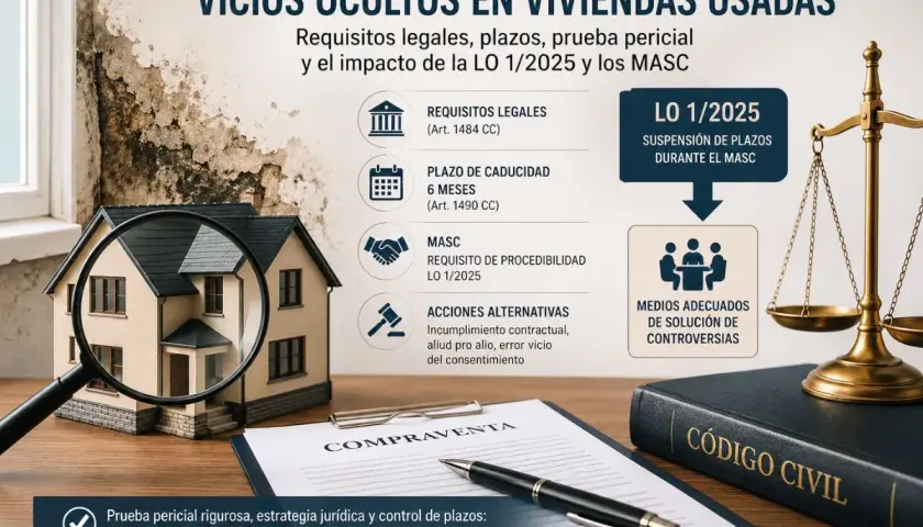 Maqueta de casa bajo lupa, contrato y Código Civil. Detalla requisitos, plazos y acciones para reclamar un vicio oculto en viviendas usadas.