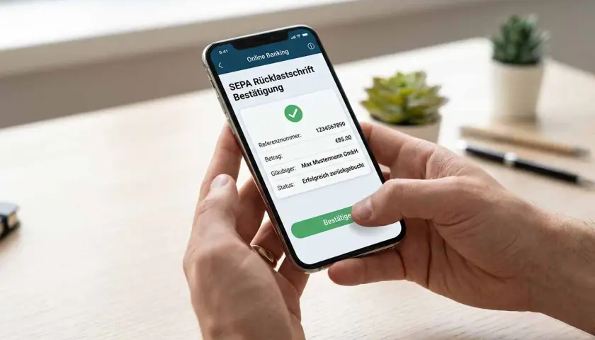 Bestätigung einer SEPA-Lastschrift, die erfolgreich widerrufen wurde. Der Betrag von 85 € wurde zurückgebucht.