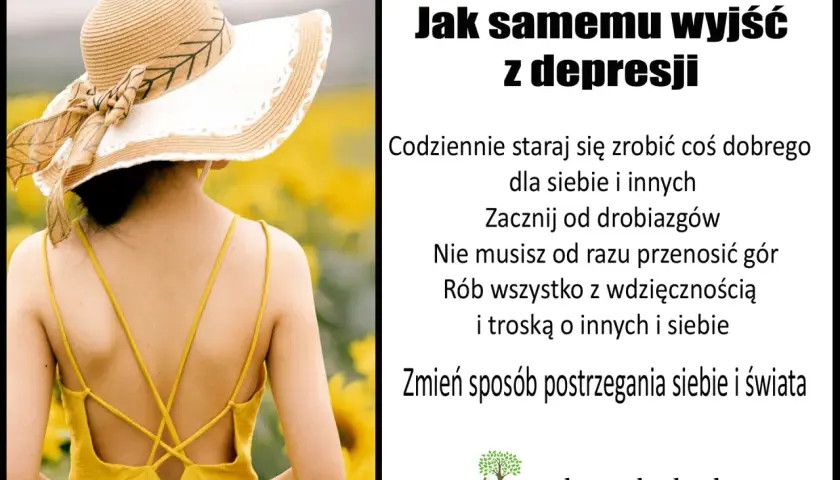 Kobieta w słomkowym kapeluszu na tle słoneczników. Tekst podpowiada, jak samemu wyjść z depresji: małe kroki, wdzięczność i zmiana perspektywy.
