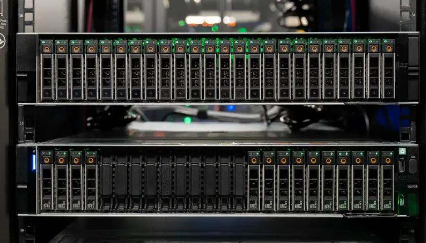 Serveur avec plusieurs baies de disques SSD, toutes allumées en **full flash**. Les indicateurs verts brillent intensément.