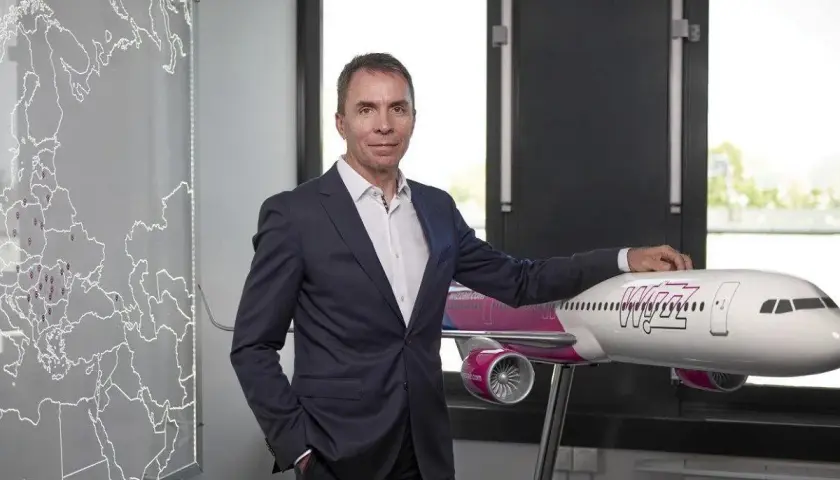 Mężczyzna w garniturze stoi obok modelu samolotu Wizz Air, z mapą Europy w tle.