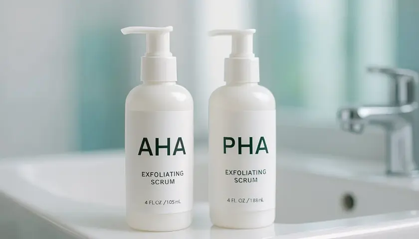 Två vita pumptoppflaskor med AHA och PHA exfolierande serum står på en diskbänk. AHA syra för en strålande hud.