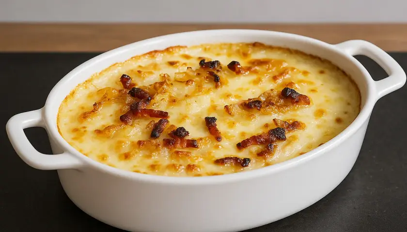 Un délicieux gratin de crozet reblochon, doré et gratiné, prêt à être dégusté.