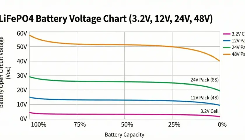 Wykres pokazuje zależność napięcia akumulatora LiFePO4 od jego pojemności. Linie reprezentują różne konfiguracje: 3.2V Cell, 12V Pack (4S), 24V Pack (8S) i 48V Pack (16S).
