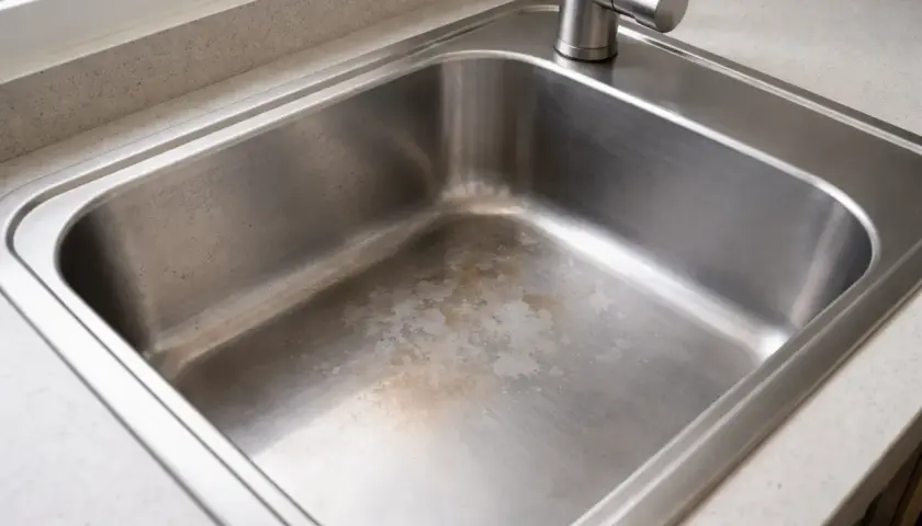 Éclaboussures de javel sur un évier en inox, laissant des marques blanchâtres et jaunâtres sur le métal.