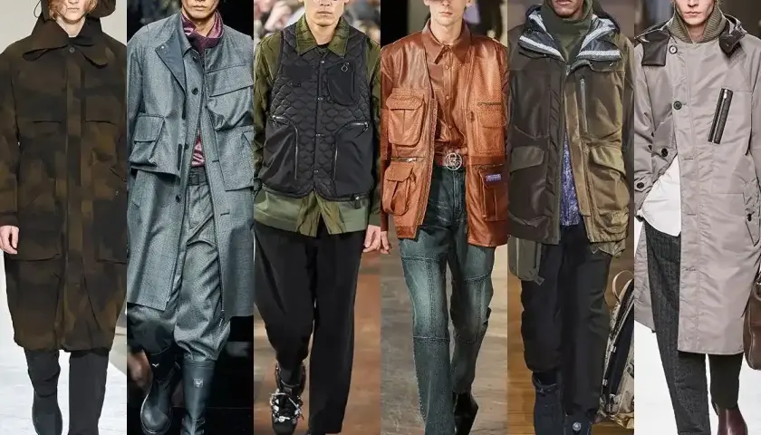 Modelos lucen abrigos y chalecos utilitarios, mostrando un estilo urbano y funcional. La moda masculina se reinventa con este aesthetic que es práctico y vanguardista.