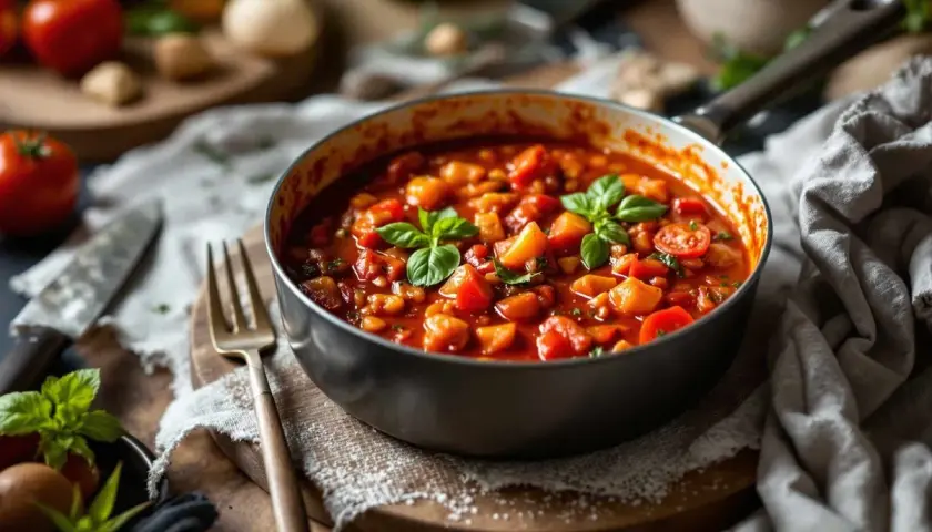 Une poêle remplie de sauce tomate maison, garnie de basilic frais. Des tomates et des herbes sont disposées autour.