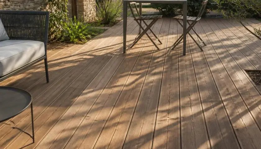 Terrasse en bois chaleureuse, idéale pour vos moments de détente. Le prix terrasse bois au m2 varie selon les essences et finitions.