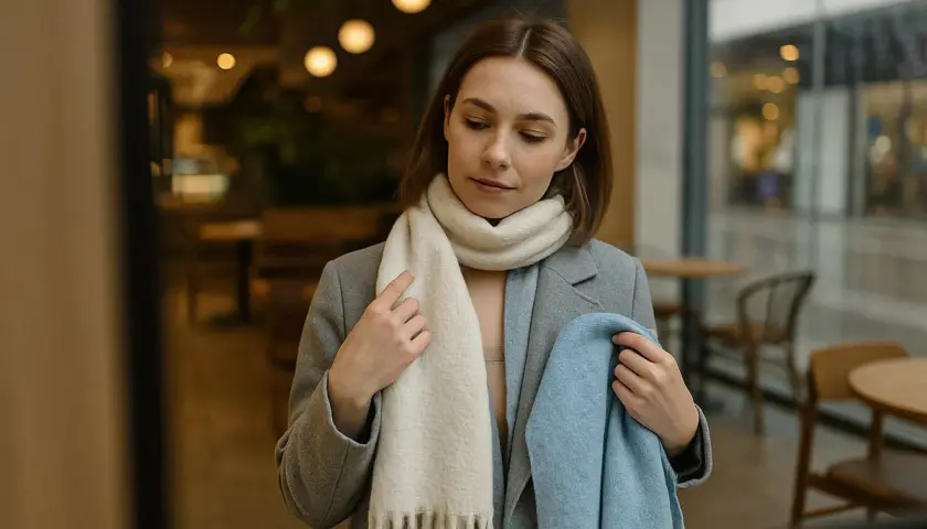 Kobieta w szarym płaszczu zastanawia się, jaki szalik do szarego płaszcza będzie najlepszy: kremowy czy błękitny.