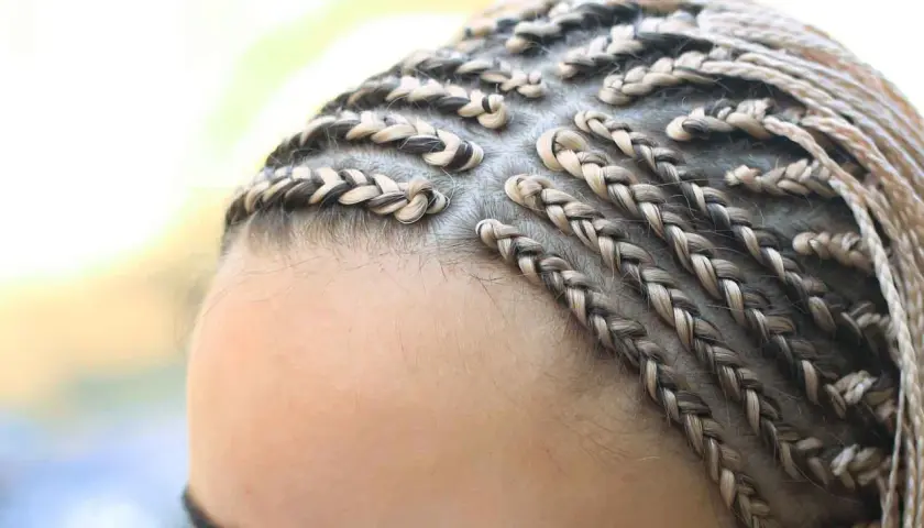 Primer plano de trenzas africanas rubias y castañas, peinado detallado y elegante.