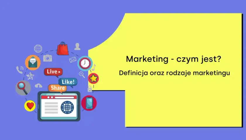 Grafika przedstawia ikony związane z marketingiem: koszyk, serce, lupę, telefon, zegar, chmurkę, kopertę, gwiazdkę, przyciski "Live", "Like!", "Share". Tekst: "Marketing - czym jest? Definicja oraz rodzaje marketingu".