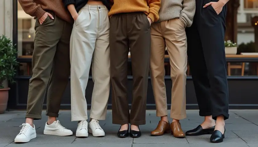 Cinq personnes portent des pantalons larges de différentes couleurs. Quelle chaussure avec pantalon large ? Des baskets, des mocassins, des escarpins et des bottines.