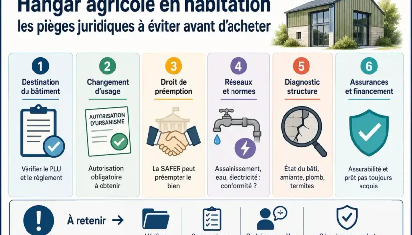 Infographie sur les pièges juridiques pour transformer un hangar agricole en habitation. Elle détaille 6 points clés : destination, changement d'usage, droit de préemption, réseaux, diagnostic et assurances.