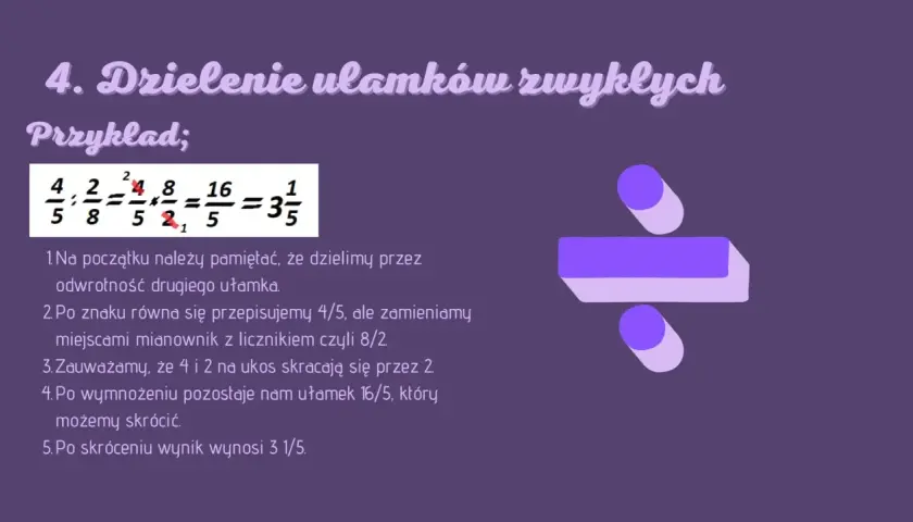 Przykład dzielenia ułamków zwykłych: 4/5 : 2/8 = 16/5 = 3 1/5. Objaśnienie krok po kroku.