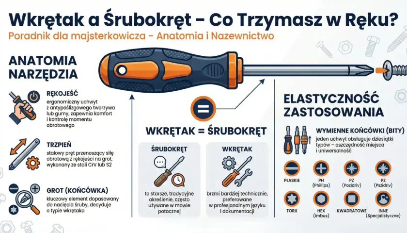 Ilustracja przedstawia różne rodzaje śrubokrętów i ich części, wyjaśniając różnice między "wkrętakiem" a "śrubokrętem" oraz typy końcówek.