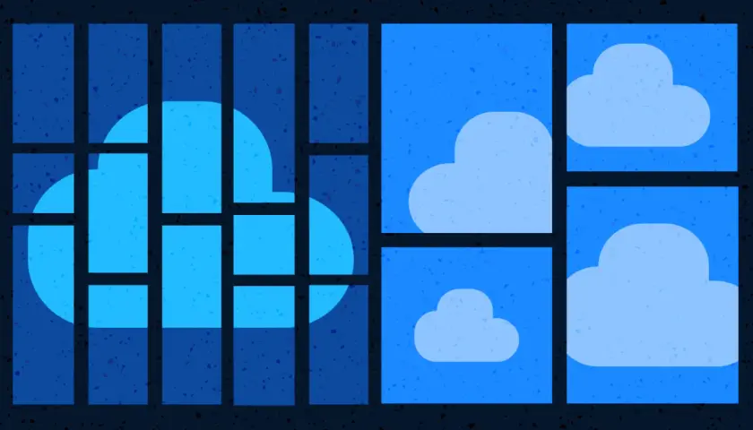 Un grand nuage bleu, symbole d'un cloud agnostique, se découpe à travers des rectangles sombres. D'autres nuages plus petits flottent dans des cadres bleus lumineux.