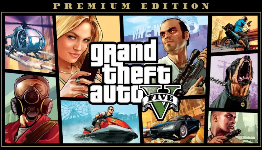 Okładka "Grand Theft Auto V Premium Edition" z postaciami, helikopterem, psem i samochodami. Szukasz GTA V za darmo?