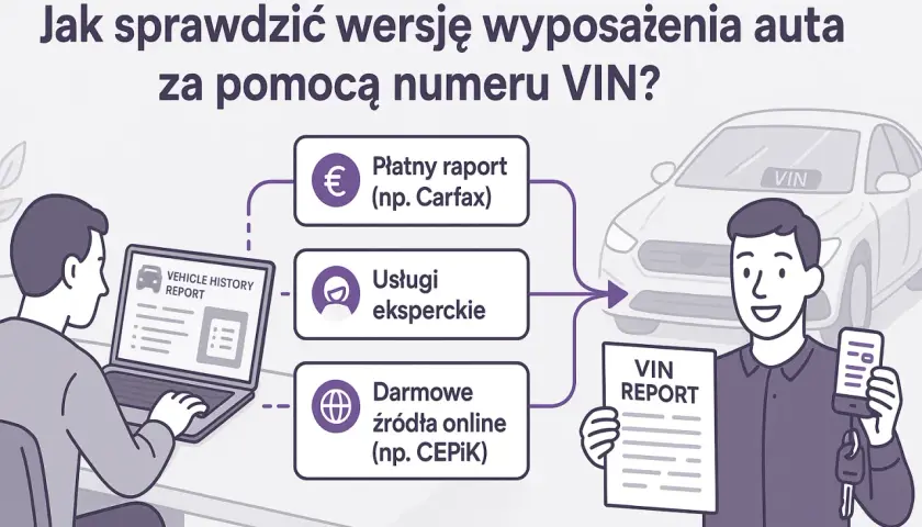 Ilustracja pokazuje, jak sprawdzić wersję wyposażenia auta po VIN, korzystając z płatnych raportów, usług eksperckich lub darmowych źródeł online.