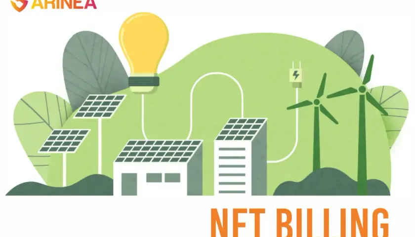 Ilustracja przedstawia dom z panelami słonecznymi i turbinami wiatrowymi, symbolizującymi prosumenta i odnawialne źródła energii.
