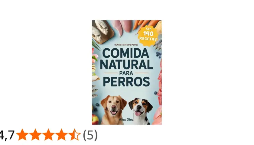 Descubre cuál es la mejor comida natural para perros con este libro que incluye 140 recetas. Dos perros felices protagonizan la portada.