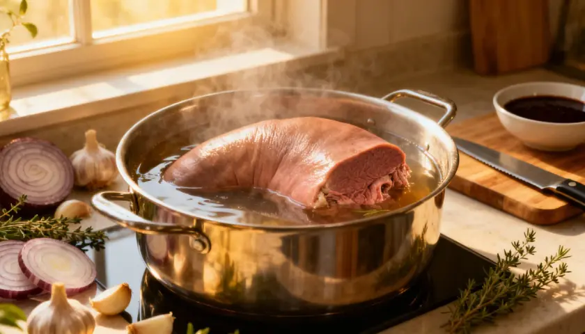 Une langue de bœuf mijote dans une casserole, entourée d'oignons, d'ail et de thym. Un cours de cuisine savoureux en préparation.