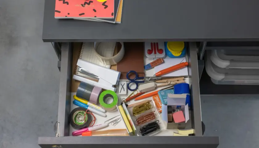 Szukając odpowiedzi na pytanie "decluttering co to?", widzimy szufladę pełną artykułów biurowych: zszywacz, taśmy, nożyczki, spinacze, markery i gumki.