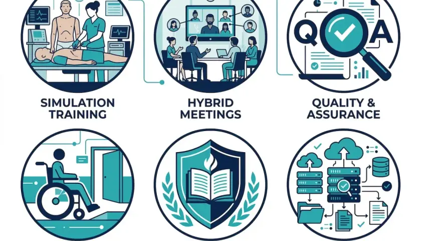 Un professionista della salute in formazione tramite simulazione, incontri ibridi, controllo qualità, accessibilità, indipendenza e registro digitale.