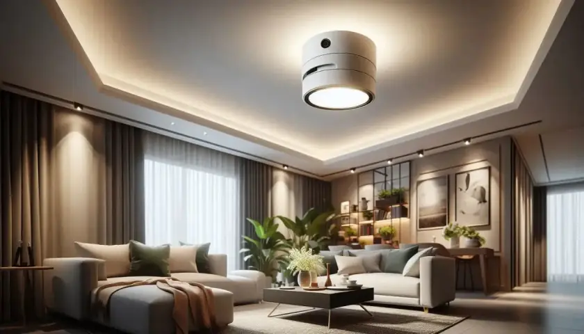 Elegante salón con sofás grises y un moderno detector de techo que ilumina el espacio.