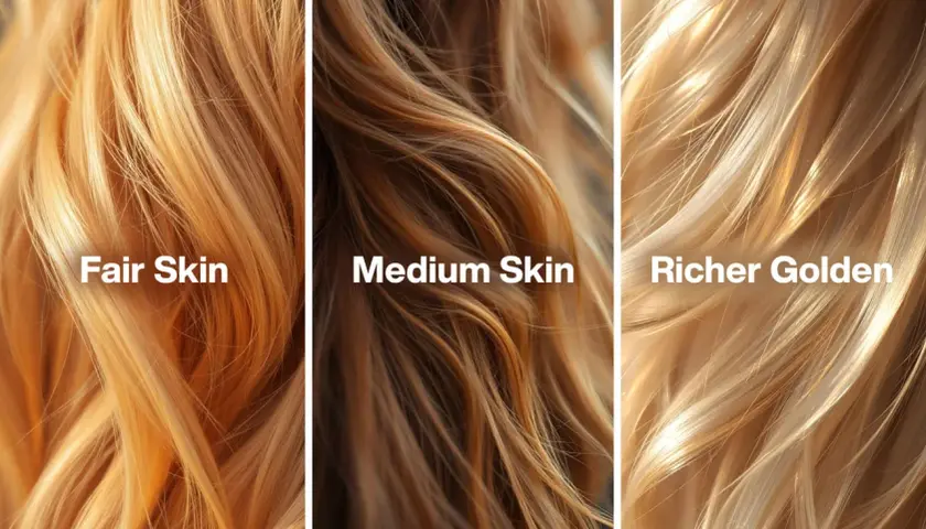Tres tonos de cabello rubio dorado miel: para piel clara, media y dorada más rica.