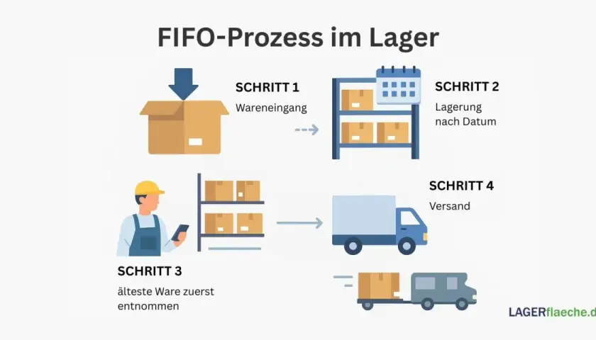 Schema des FIFO-Prozesses im Lager: Wareneingang, Lagerung nach Datum, älteste Ware zuerst entnehmen, Versand.