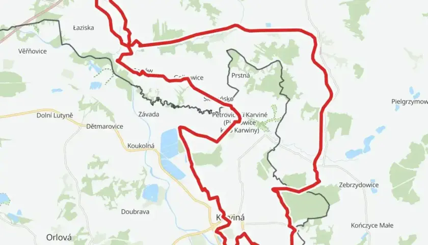 Mapa z zaznaczonymi trasami rowerowymi wokół Karwiny i Jastrzębia-Zdroju.