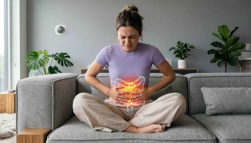 Donna seduta sul divano con le mani sull'addome, soffre di mal di pancia e diarrea. L'immagine mostra un'illustrazione del suo intestino infiammato.