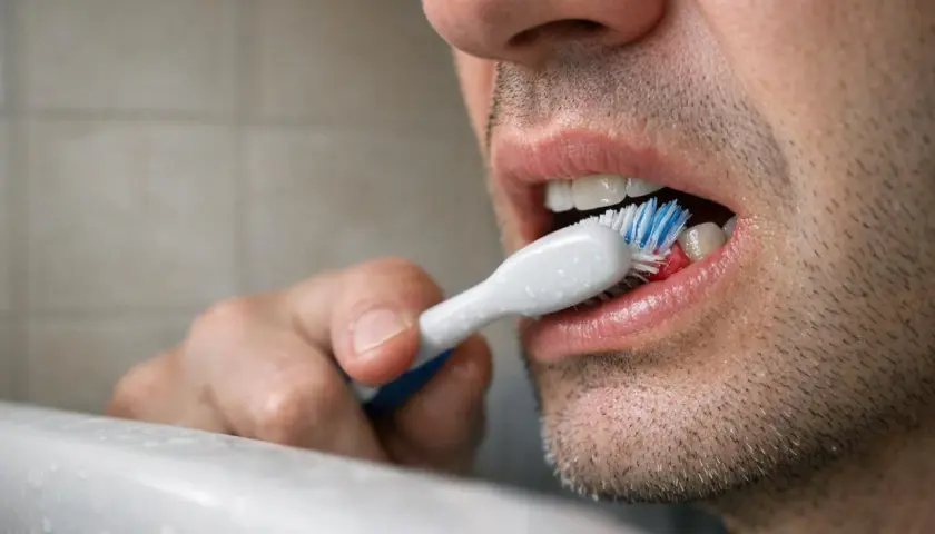 Primo piano di un uomo che si lava i denti subito dopo mangiato, con spazzolino e dentifricio.