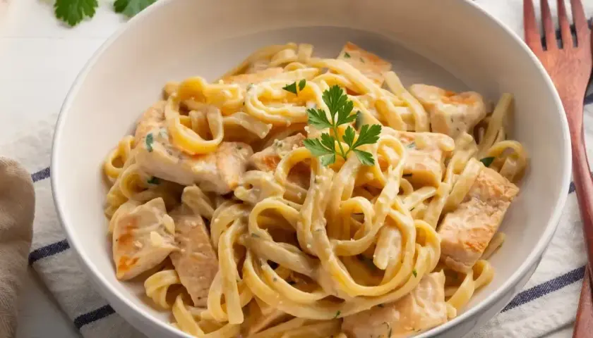 Pyszne makaron alfredo z kawałkami kurczaka w kremowym sosie, udekorowane natką pietruszki.