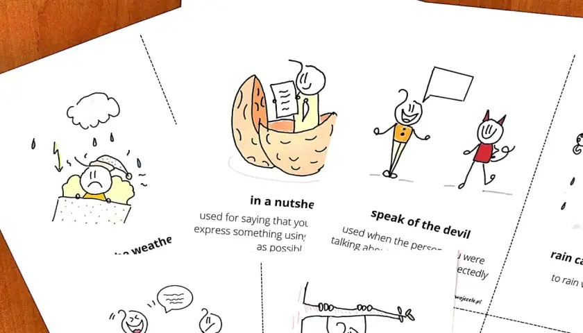 Śmieszne idiomy angielskie: "in a nutshell" (w pigułce) i "speak of the devil" (o wilku mowa).