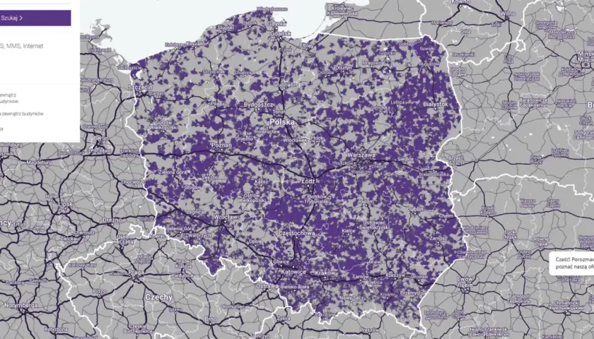 Mapa zasięgu sieci komórkowej w Polsce. Fioletowe plamy pokazują, który operator ma największy zasięg.