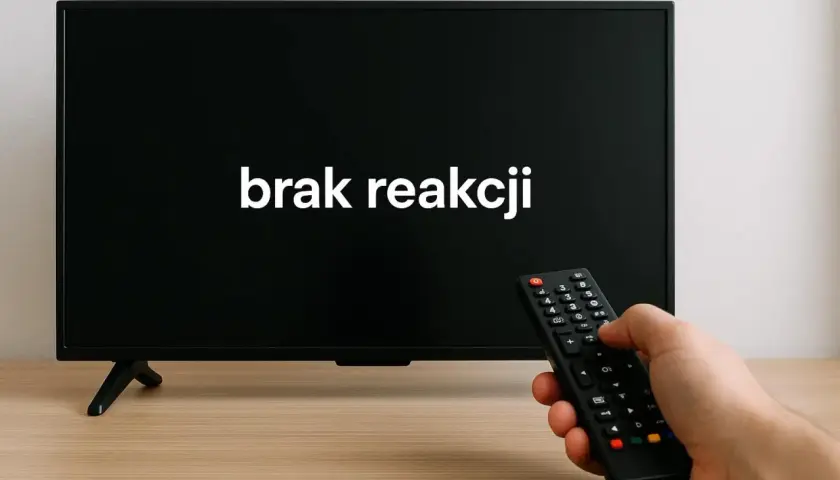 Ręka trzyma pilot do LEDów, ekran pokazuje "brak reakcji". Może to być sygnał, że trzeba dowiedzieć się, jak zresetować pilot do ledów.