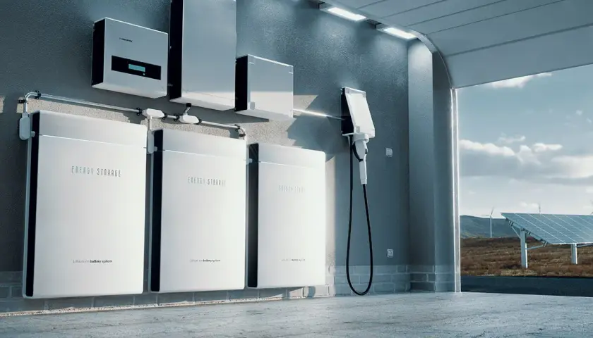 Nowoczesny magazyn energii off grid z bateriami litowo-jonowymi i ładowarką. W tle panele słoneczne i turbiny wiatrowe.