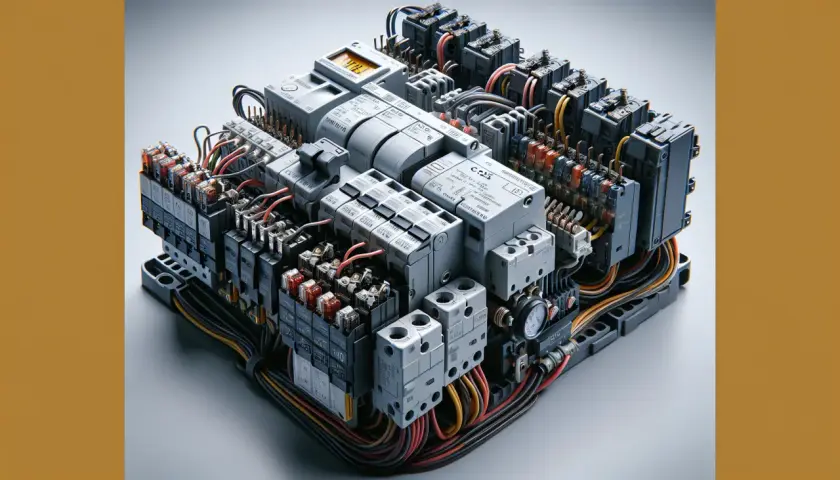 Złożony panel elektryczny z bezpiecznikami, przekaźnikami i przewodami.
