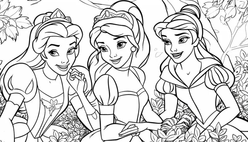 Tres dibujos de princesas sonrientes con tiaras, rodeadas de flores y hojas, listas para ser coloreadas.