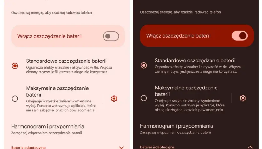Dwa ekrany telefonu z opcjami oszczędzania baterii. Po lewej jasny motyw, po prawej ciemny. Oba pokazują przełącznik "Włącz oszczędzanie baterii" oraz opcje "Standardowe" i "Maksymalne".