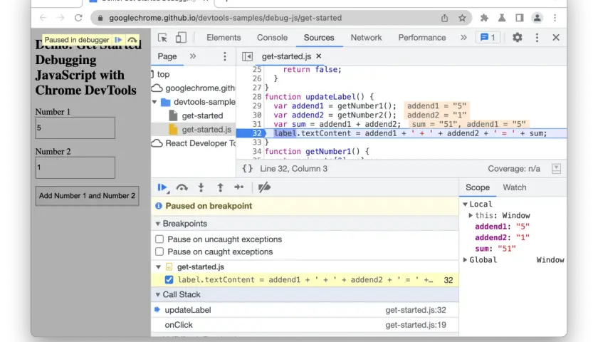 DevTools co to? Debugowanie JavaScript w Chrome DevTools, z kodem zatrzymanym na linii 32.