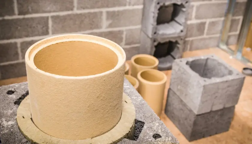 Ceramiczne wkłady kominowe w różnych rozmiarach, gotowe do montażu. Obok betonowe elementy konstrukcyjne.