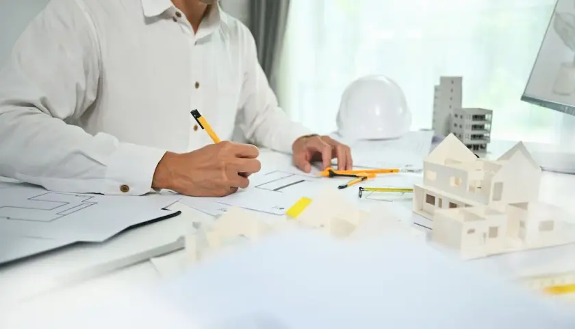 Architekt rysuje plany, obok makieta domu, biały kask i budynki.